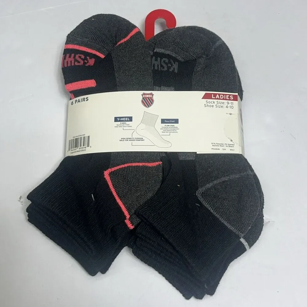 K Swiss Women's Ankle‎ Socks 6 Pack Shoe Size 4-10 Black Flow Cool $28 Flow Cool